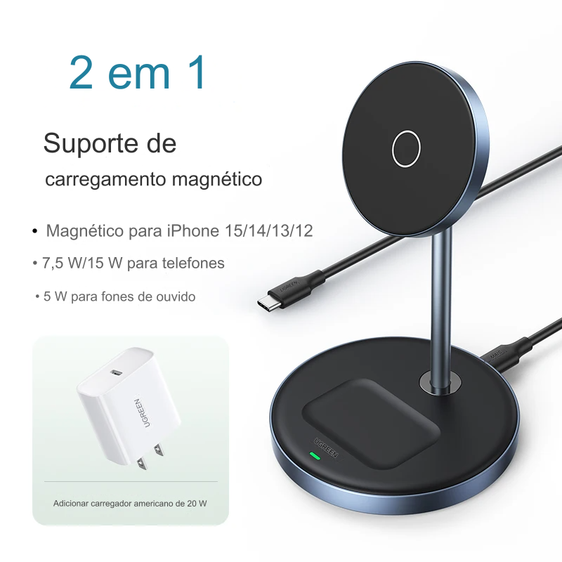 Suporte de Carregador Rápido Magnético Sem Fio 2 em 1 para iPhone e AirPods - 20W