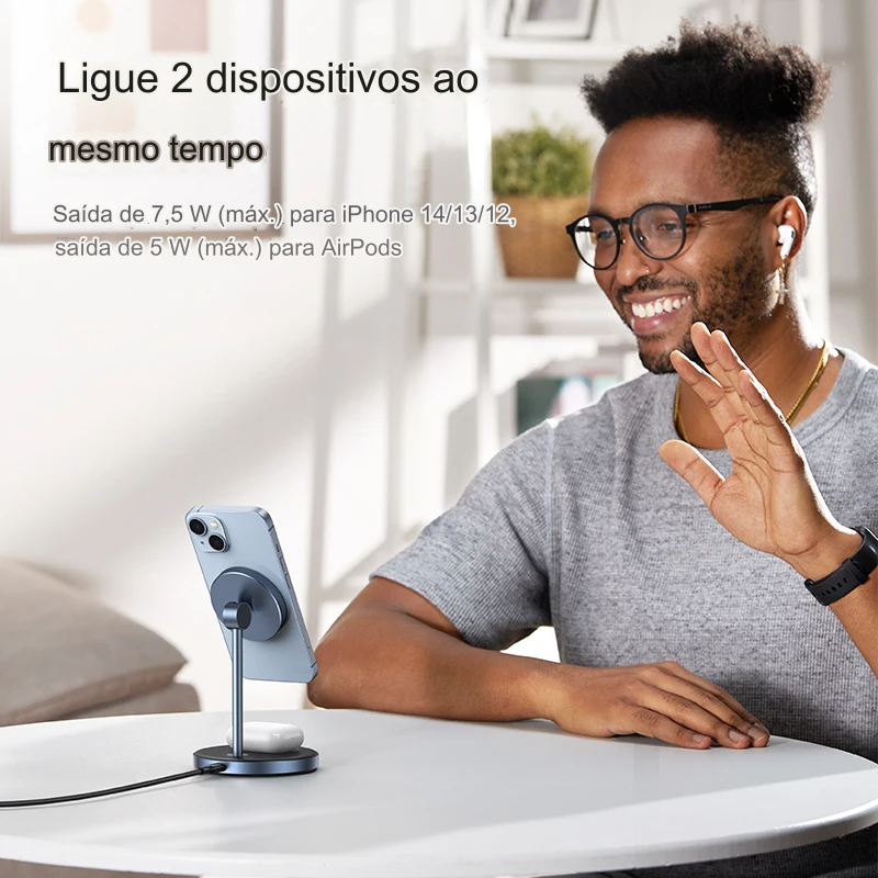 Suporte de Carregador Rápido Magnético Sem Fio 2 em 1 para iPhone e AirPods - 20W